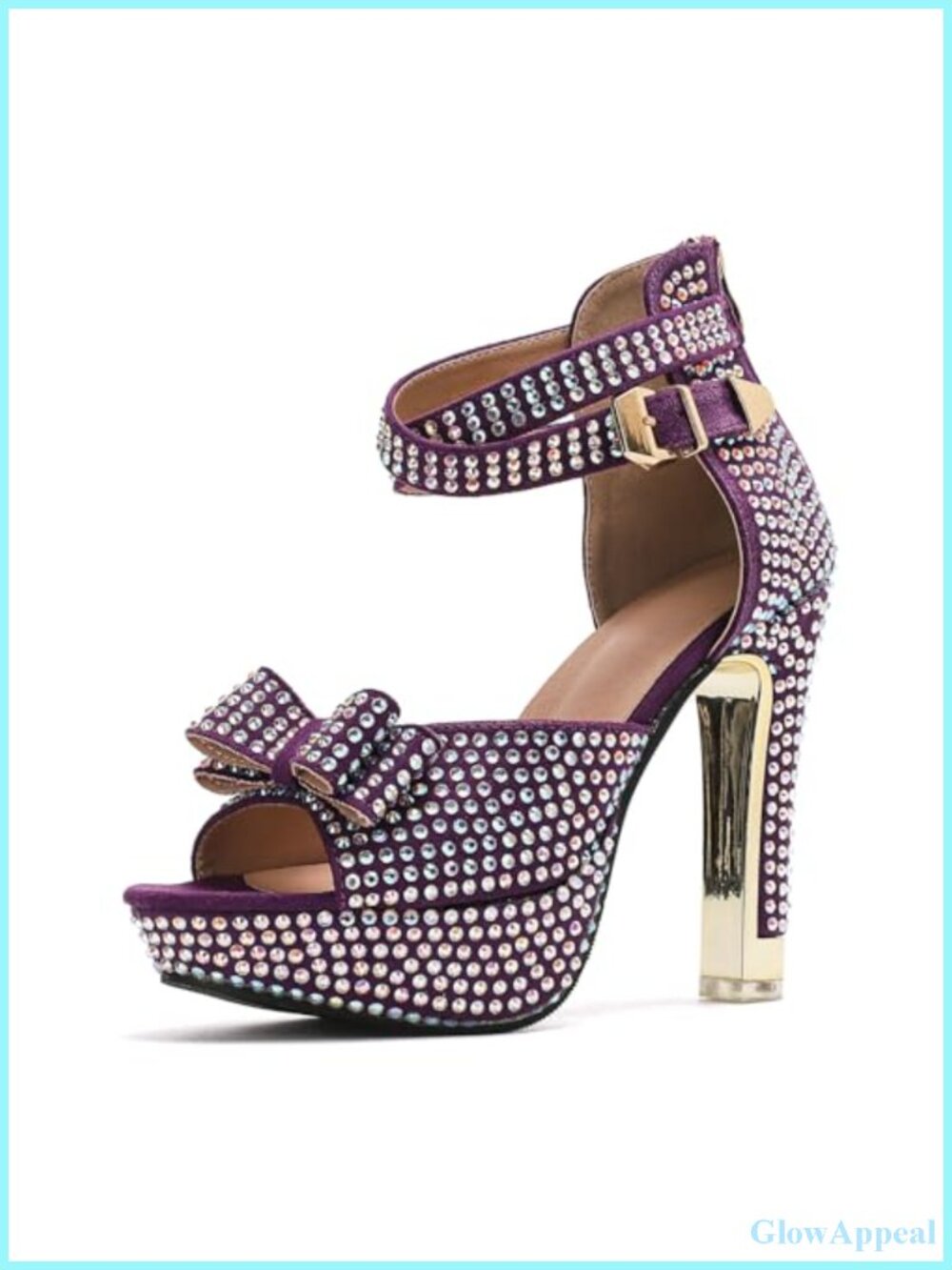 Rhinestone Block High Heels Sandals Open Toe Ankle Strap Zip Platform Wedding